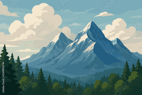 Mountain range landscape with snow peaks and pine tree forest. Modern flat cartoon vector illustration. Alpine scenery background for travel, hiking and adventure concepts.