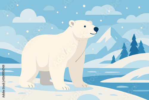Polar bear in arctic winter landscape. Cute cartoon animal on snowy background with mountains and ice. North pole wildlife nature scene. Flat vector illustration concept.