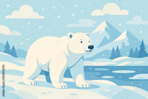 Polar bear in arctic nature landscape. Cute cartoon wildlife animal character in winter snow scene. North pole predator concept. Endangered species. Flat vector illustration.