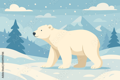 Polar bear walking in an arctic snow landscape. Winter wonderland scene with mountains and trees. Cute cartoon wildlife animal. Flat vector illustration for nature concepts.