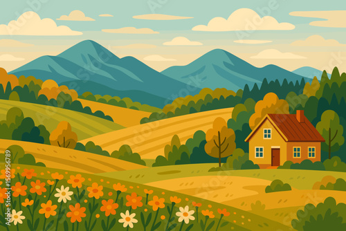 Rural autumn landscape with mountains, fields, and house. Countryside scenery with forest, meadows, and flowers. Idyllic nature background. Vector flat cartoon illustration.