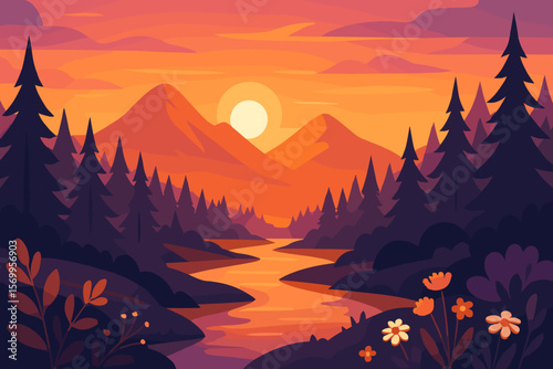 Vector mountain landscape at sunset. River in a pine forest. Nature background for travel and tourism. Wild scenic view with flowers. Serene wilderness illustration concept.