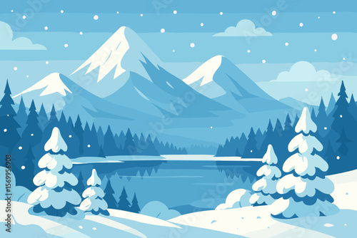 Winter landscape with snowy mountains and pine forest. Scenic nature background with snow covered trees and frozen lake. Calm Christmas holiday vector scene for greeting card.