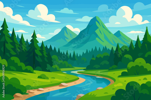 Vector landscape with river, forest and mountains. Summer or spring nature scene. Concept for travel, adventure, ecology, national park. Cartoon background illustration.