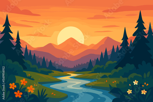 Mountain landscape at sunset with river and pine forest. Vector illustration of a scenic valley. Nature background for travel, tourism, outdoor adventure and ecological concept.