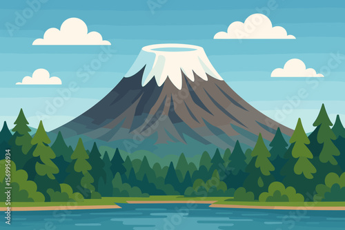Volcano mountain with snow capped peak over a forest and lake. Beautiful nature landscape scenery background. Travel and tourism concept. Modern flat cartoon vector design.