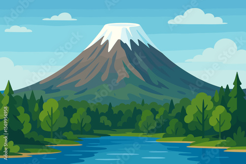 Volcano mountain landscape with snow cap peak over forest and lake. Mount Fuji Japan scenery. Nature travel background. Serene tourism destination. Flat vector cartoon art.
