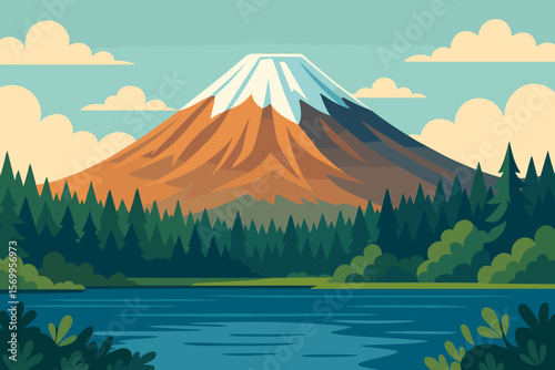 Beautiful volcano landscape with a snow-capped mountain peak, forest, and lake. Mount Fuji scenery. Modern flat vector cartoon illustration for travel, nature, or tourism background.