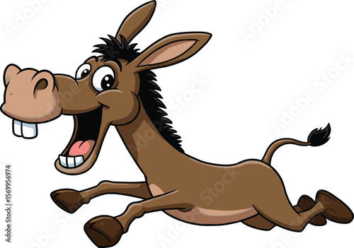 Happy Brown Donkey Cartoon Running and Jumping with Joy, Cheerful Farm Animal Character Illustration, Funny Mule with Big Smile, Energetic Domestic Livestock Drawing, Playful Mammal Graphic for Kids.