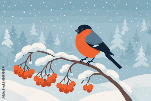 Bullfinch bird on a rowan branch with red berries. Winter forest landscape with snowfall. Christmas holiday nature background. Vector illustration for print, modern flat design.