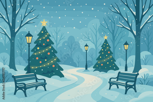Winter Park Christmas Scene. Snowy Landscape with Decorated Christmas Trees, Benches, Lamp Posts, Snowfall. Festive Holiday Mood. Flat Vector Illustration. Outdoor Urban Park.