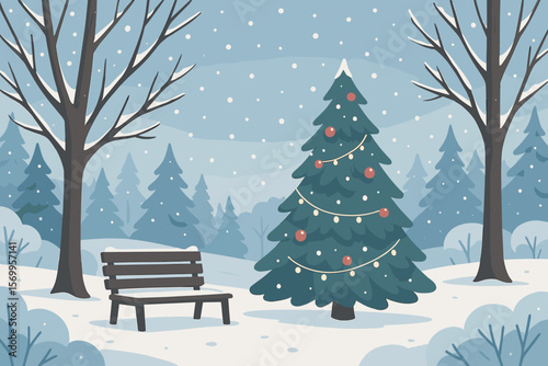 Winter Park Christmas Scene. Snowy Landscape with Decorated Christmas Tree, Bench, Bare Trees, Snowfall. Festive Holiday Mood. Flat Vector Illustration. Outdoor Seasonal Nature