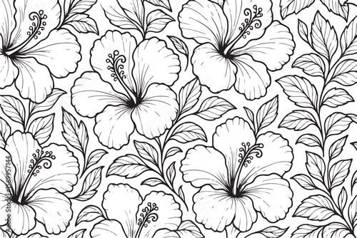 Elegant black and white line art illustration of hibiscus flowers and leaves in a repeating pattern for design