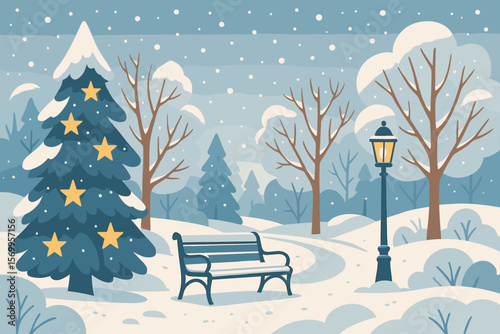Winter Park Scene with Christmas Tree, Snowfall, Bench, Lamp Post, Festive Holiday Mood, Snowy Landscape, Flat Vector Illustration