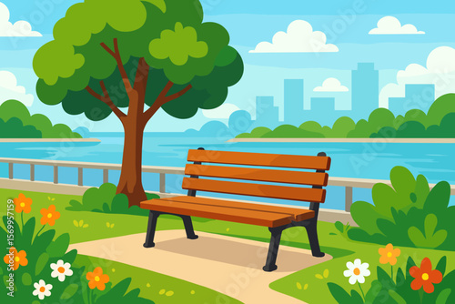 Urban Park Bench Under Tree by River, Cityscape Background, Summer Flowers, Greenery, Modern Flat Vector Illustration, Relaxation, Nature in City, Outdoor Leisure Concept