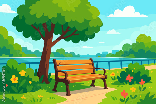 Tranquil Park Bench Under Tree by Riverside Embankment, Lush Green Grass, Colorful Flowers, Urban Summer Relaxation, Modern Flat Vector Illustration