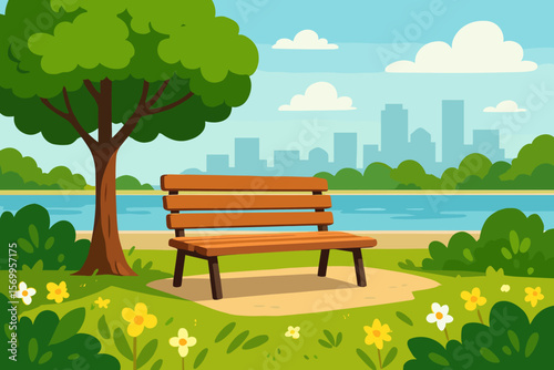 Urban Park Bench Under Tree by River, City Skyline, Summer Flowers, Green Grass, Bushes, Relaxation, Nature Escape, Modern Flat Vector Illustration
