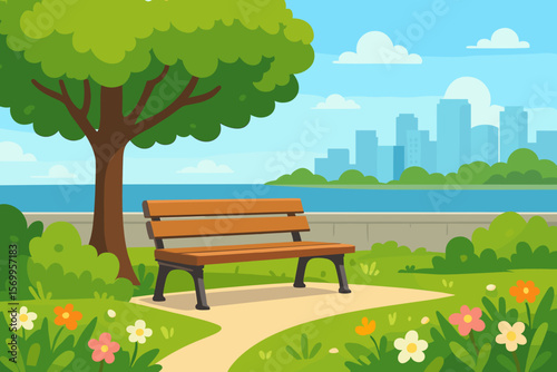 Urban Park Bench Under Tree by River, City Skyline, Summer Flowers, Green Grass, Bushes, Relaxation, Modern Flat Vector Illustration