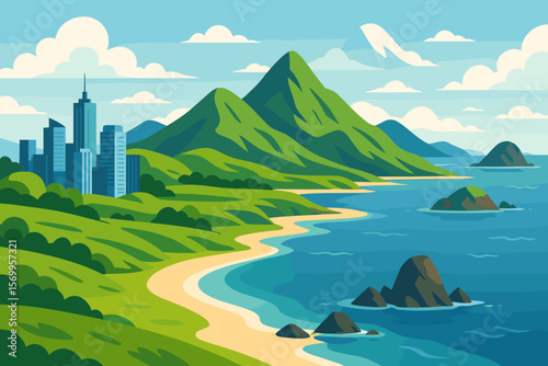 Modern City Skyline and Business District on Northern Island Coast, Lush Green Mountains, Sandy Beach, Blue Sea, Scenic Nature, Urban and Natural Landscape, Vector Illustration