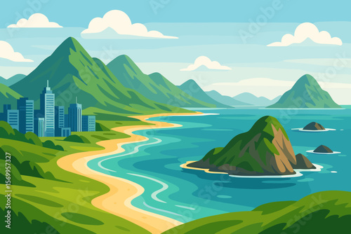 Modern City Business District Skyline on Northern Island Coast, Green Mountain Landscape, Sandy Beach, Blue Sea, Urban Nature, Scenic Travel, Vector Illustration