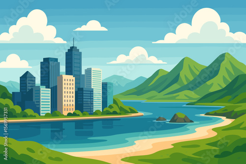 Modern City Skyline on Northern Island Coast, Green Mountains, Blue Sea, Urban Waterfront, Nature Landscape, Skyscrapers, Summer, Scenic Beach, Vector Illustration
