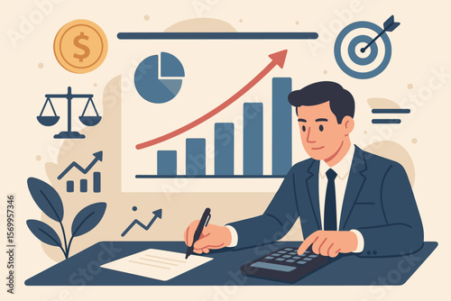 Businessman analyzing financial data, calculating investment growth, planning business strategy, setting company finance goals, economic analysis, target achievement, profit increase