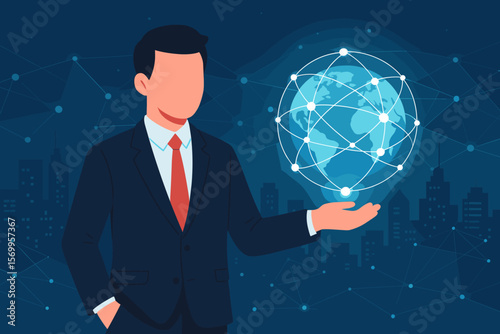 Businessman in Suit Holding Global Telecommunication Network, Wireless Communication, Cyber Technology, Smart Internet, Digital Connectivity, Modern Cityscape Background