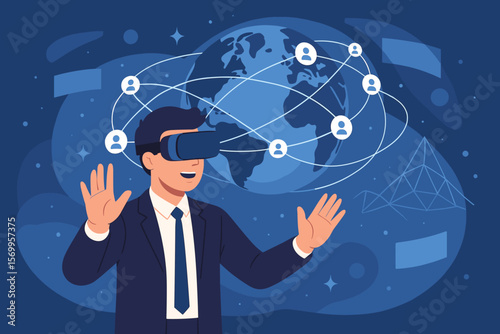 Businessman using VR headset explores metaverse technology, global networking, virtual reality, augmented reality, digital communication, futuristic business environment