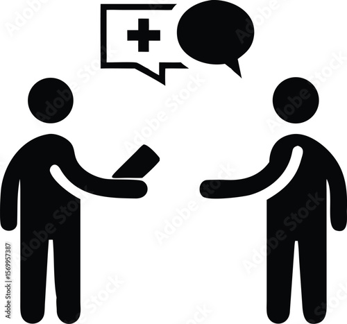 Two Black Pictograms Exchanging Information One Figure Hands Over a Document While a Plus Symbol Appears in a Speech Bubble Above Them