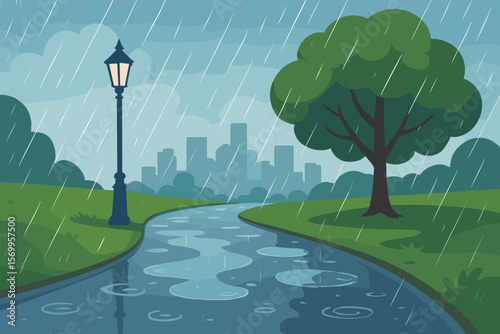 Rainy City Park Scene with Pedestrian Path, Puddles, Reflections, Lantern, Tree, Green Grass, Urban Skyline, Wet Weather Concept