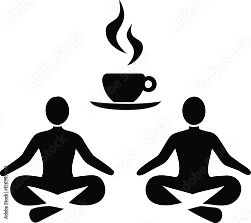 Two figures in lotus position facing away a steaming cup on a saucer black and white minimalist icon