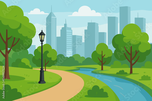Modern City Park Landscape with Green Trees, Winding Path, River, Lantern, Urban Skyline, Nature and Architecture, Flat Vector Illustration