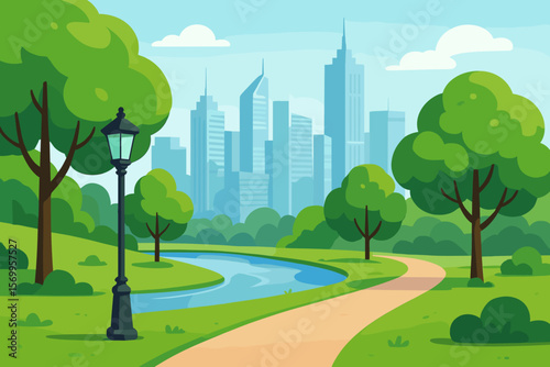 Modern City Park Landscape with Green Trees, Winding Path, River, Lantern, and Urban Skyline. Flat Vector Illustration of Urban Green Space, Nature, Recreation, Cityscape, Outdoor Environment