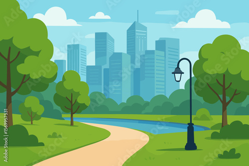 Modern City Park Landscape with Green Trees, Winding Path, River, Lantern, Urban Skyline, Nature and Architecture, Flat Vector Illustration