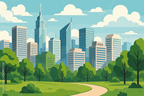 Modern Cityscape with Park, Skyscrapers, Office Buildings, Urban Green Space, Trees, Business District, Skyline, Flat Vector Illustration