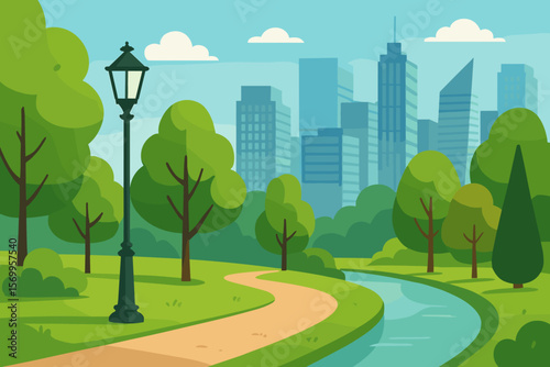 Modern City Park Landscape with Green Trees, Winding Path, River, Lantern, Urban Skyline, Nature and Architecture, Flat Vector Illustration