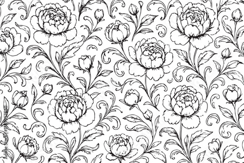 Elegant black and white line art seamless pattern featuring blooming peonies and swirling floral vines with delicate leaves and buds