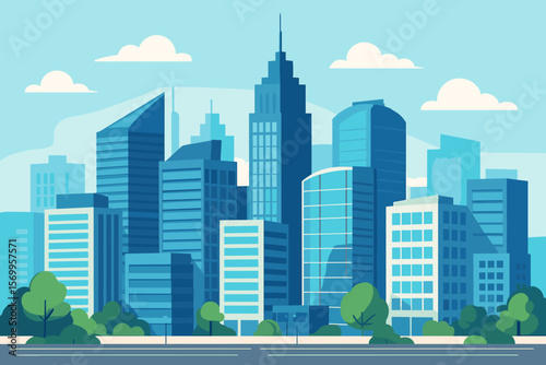 Modern Cityscape Skyline with Tall Skyscrapers, Office Buildings, Urban Business District, Green Trees, Blue Sky, Flat Vector Illustration, Metropolitan Architecture, Downtown Concept