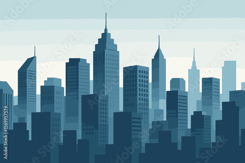 Panoramic Cityscape Silhouette of Modern Skyscrapers and Office Buildings, Urban Skyline, Metropolis Architecture, Flat Vector Illustration, Downtown Business District, City Horizon