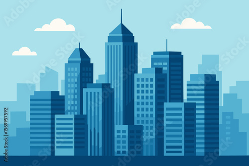 Modern Cityscape Skyline with Tall Skyscrapers, Office Buildings, Urban Business District, Blue Tones, Flat Vector Illustration, Architecture, Downtown Metropolis, Commercial Real Estate