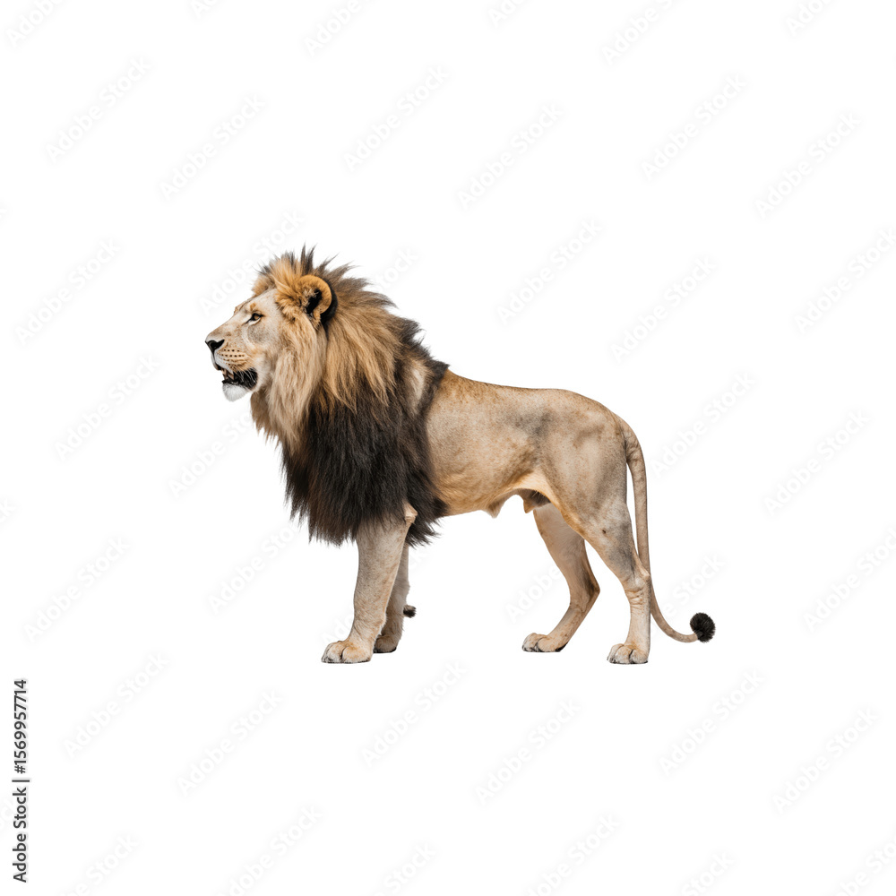 Fototapeta premium Majestic Lion Portrait: A powerful male lion stands proud, showcasing its impressive mane and regal posture, a testament to the raw power of the African wilderness.