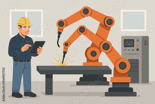 Engineer using tablet to control robotic arm welder. Smart factory automation, industrial production concept. Man programming automatic welding machine in a modern plant.