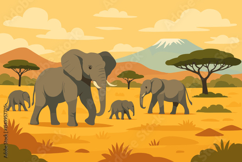 African elephant family in savanna landscape. Wild animals on safari in Africa. Nature background with Kilimanjaro mountain. Flat vector cartoon illustration for travel.