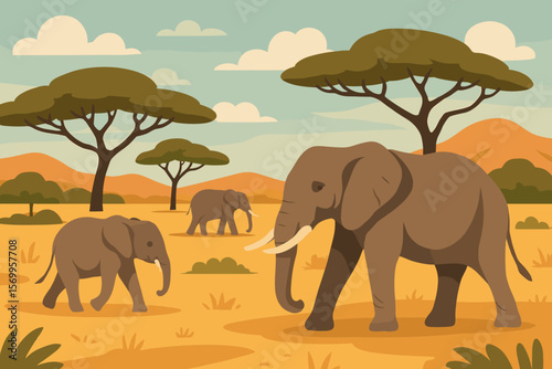 African elephant family on safari in the savanna. Wild animals in a nature landscape. Wildlife travel in Africa concept. Modern flat cartoon vector illustration background.