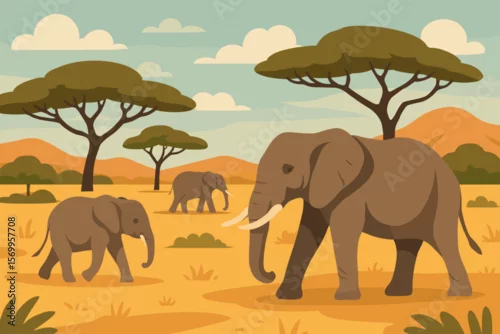 Obraz African elephant family on safari in the savanna. Wild animals in a nature landscape. Wildlife travel in Africa concept. Modern flat cartoon vector illustration background.