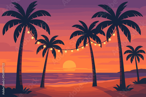 Beach party at sunset vector background. Tropical paradise landscape with ocean, palm tree silhouettes and festive string lights. Modern flat cartoon for summer vacation travel.