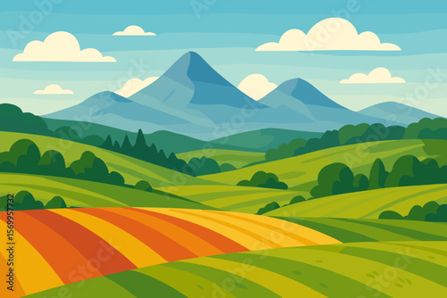 Rural farm landscape with colorful agricultural fields, rolling green hills and mountains. Summer countryside scene vector illustration. Natural scenic background with forest.