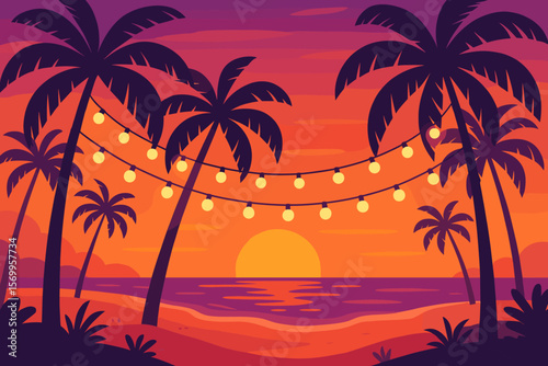 Tropical beach sunset landscape with palm trees. Summer vacation paradise background. Ocean sea view with evening sun. Beach party with hanging string lights vector cartoon.