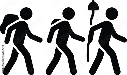 Three stick figures walking one carrying a backpack and one using a walking stick black silhouette illustration