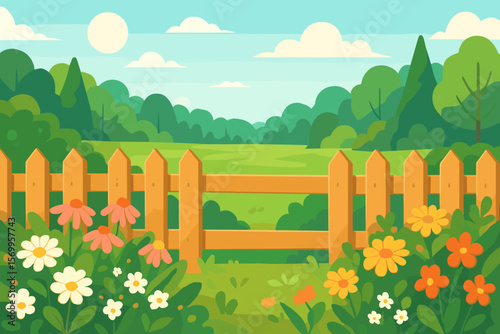 Summer garden landscape with a wooden fence. Backyard with blooming flowers, green grass field, and forest on a sunny day. Countryside nature background vector illustration.